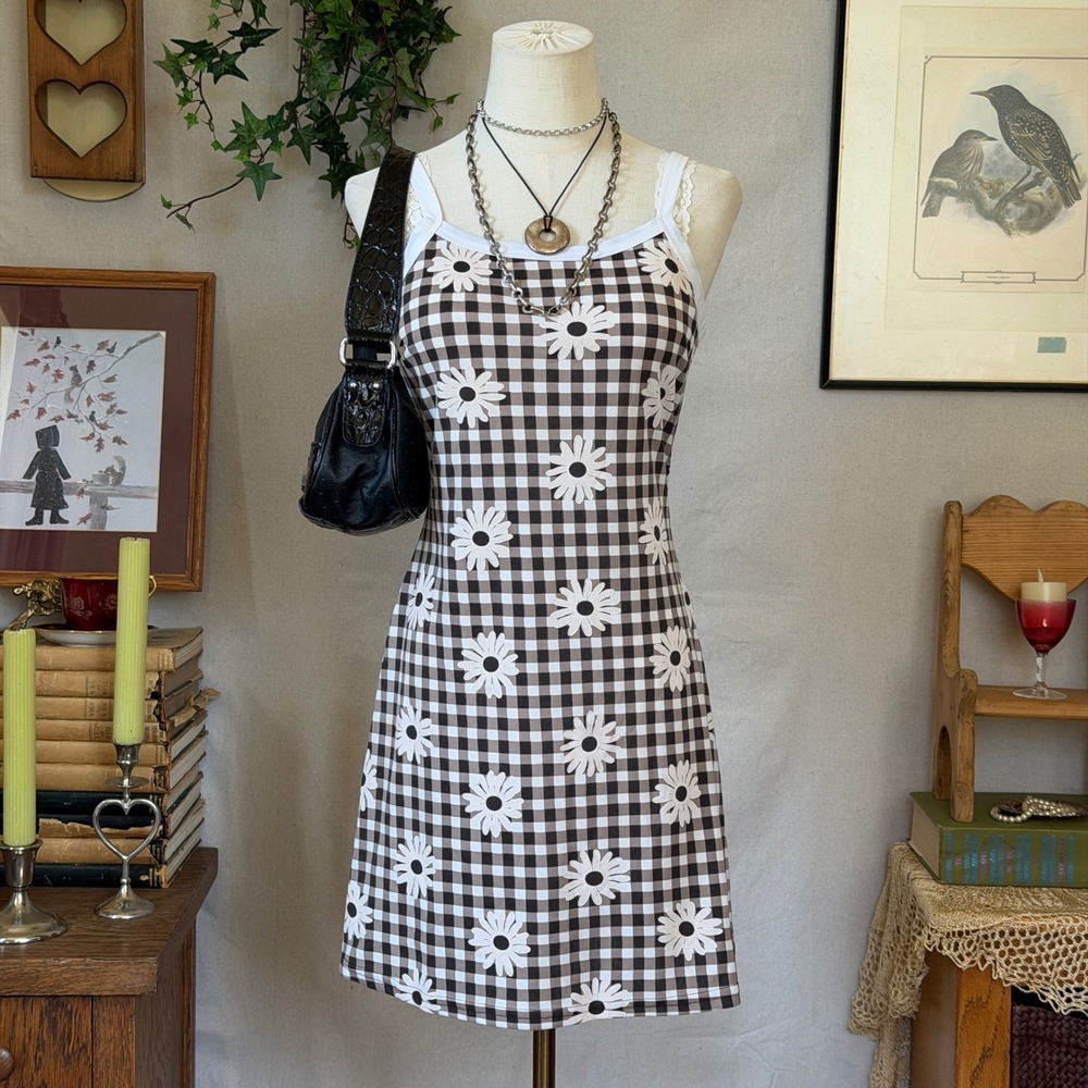 Brown Daisy Gingham Mini Dress Cottagecore Y2K Vintage Small Girly Grunge